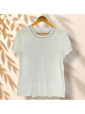 Edgely T-Shirt Women M Medium White Short Sleeve Rhinestone Cotton Casual Solid